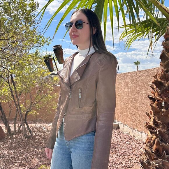 One Community Women's Medium Faux Leather Moto Biker Jacket Brown Zipper - Picture 6 of 8